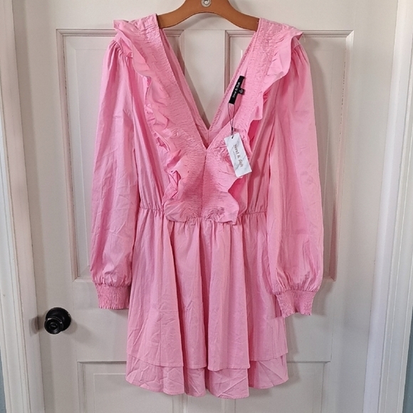 NWT Strut & Bolt Smocked Pink Ruffles Deep V-Neck Stretch Fun Girly Short Dress - Picture 1 of 13